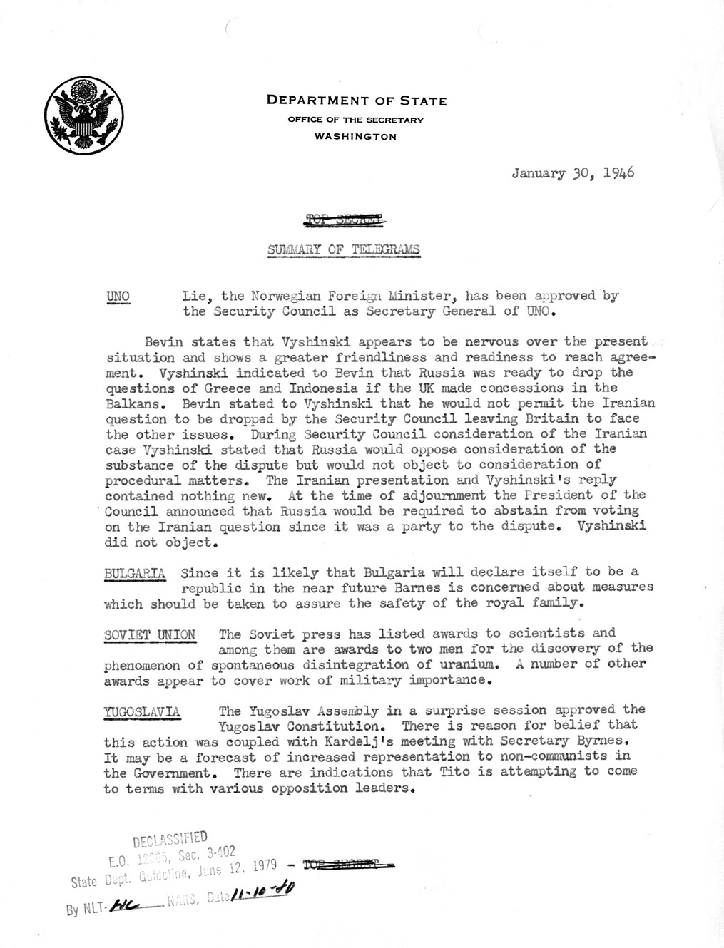 Memorandum, Department of State Summary of Telegrams