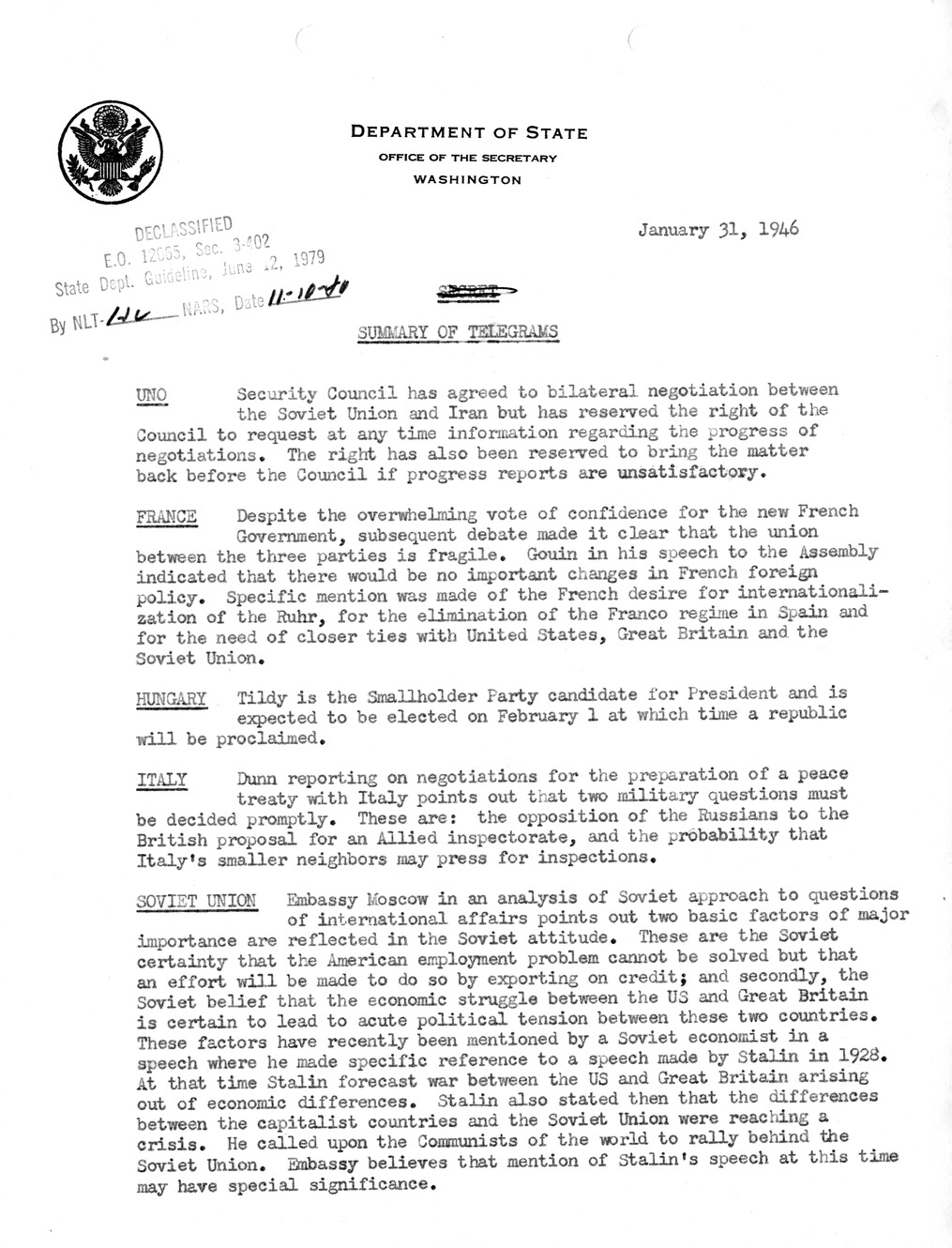 Memorandum, Department of State Summary of Telegrams
