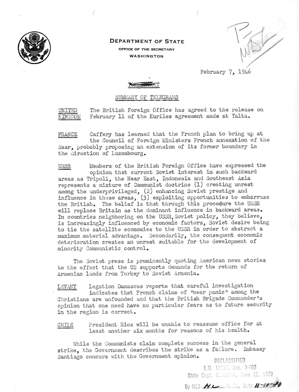 Memorandum, Department of State Summary of Telegrams