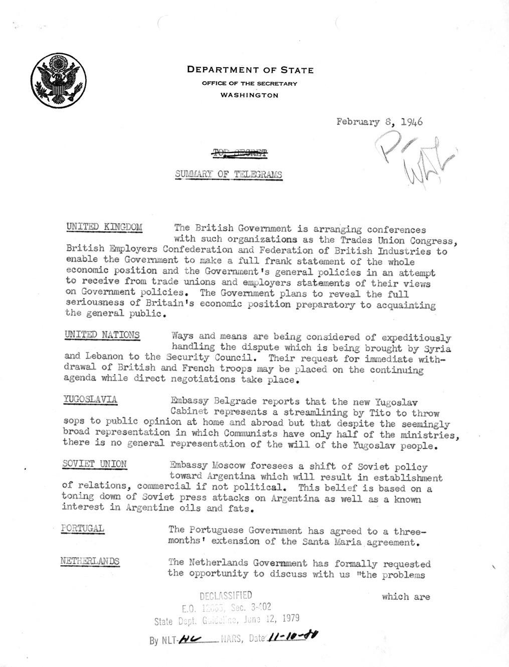 Memorandum, Department of State Summary of Telegrams