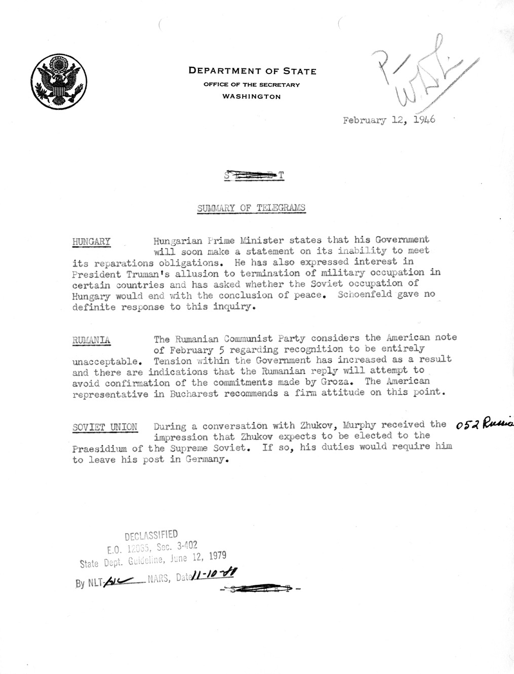 Memorandum, Department of State Summary of Telegrams