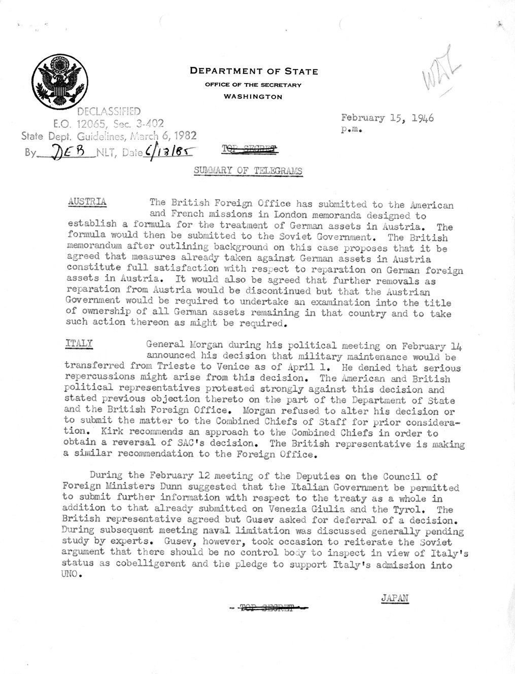 Memorandum, Department of State Summary of Telegrams