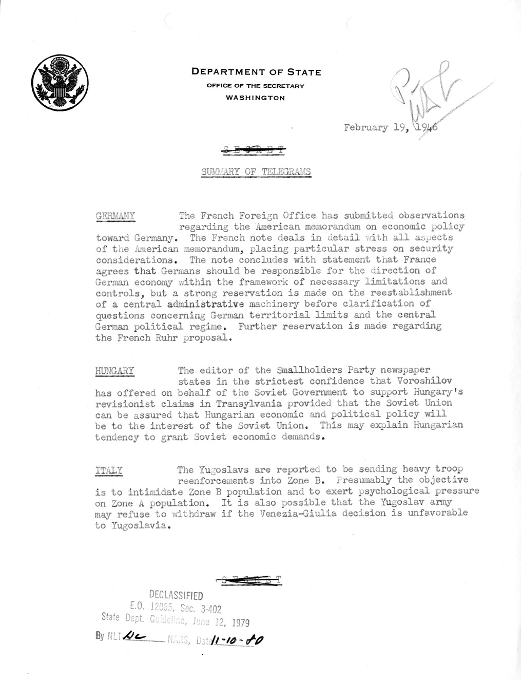 Memorandum, Department of State Summary of Telegrams
