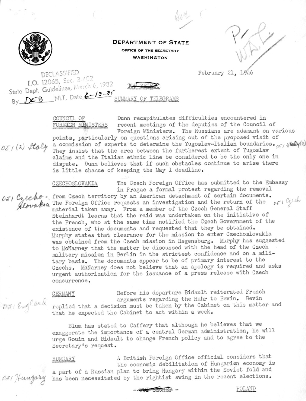 Memorandum, Department of State Summary of Telegrams