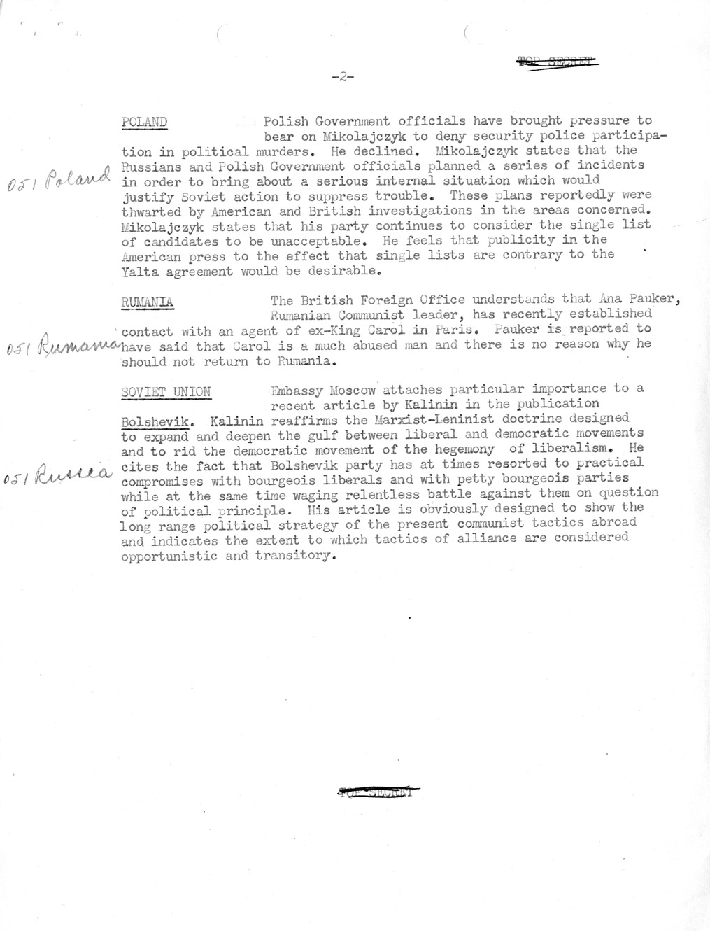 Memorandum, Department of State Summary of Telegrams