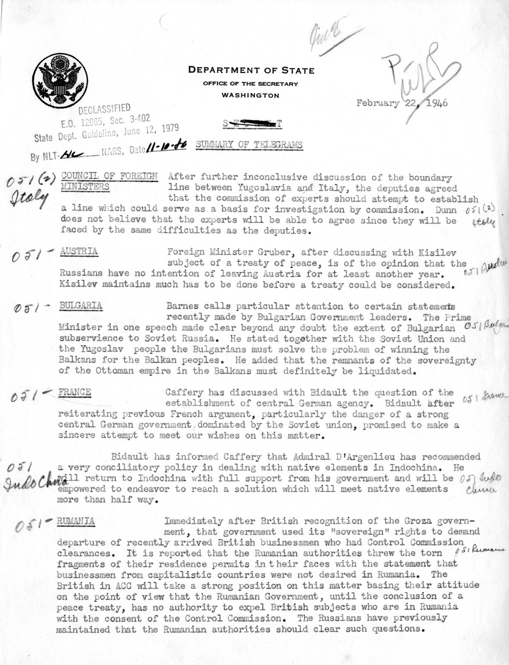 Memorandum, Department of State Summary of Telegrams