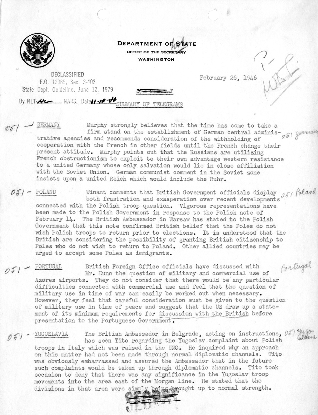Memorandum, Department of State Summary of Telegrams