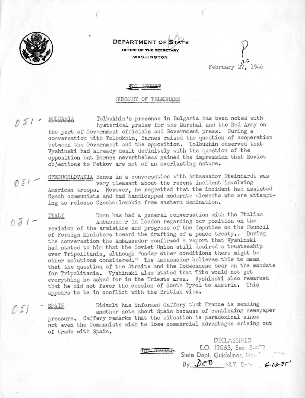 Memorandum, Department of State Summary of Telegrams