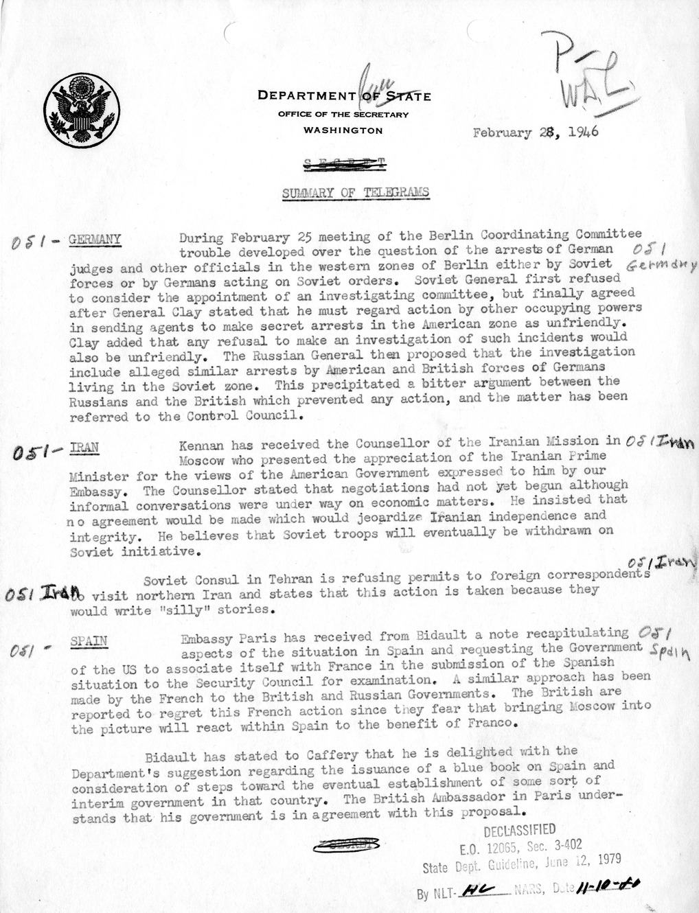 Memorandum, Department of State Summary of Telegrams
