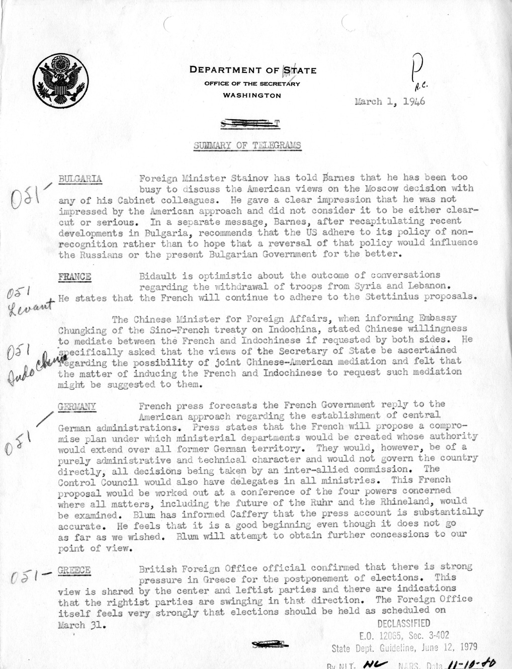 Memorandum, Department of State Summary of Telegrams
