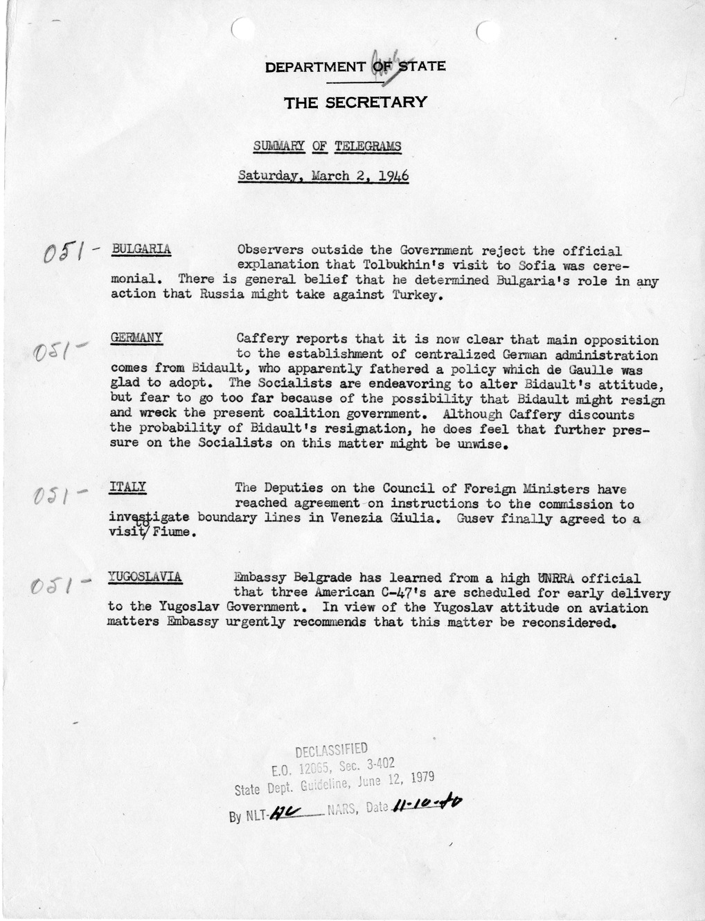 Memorandum, Department of State Summary of Telegrams