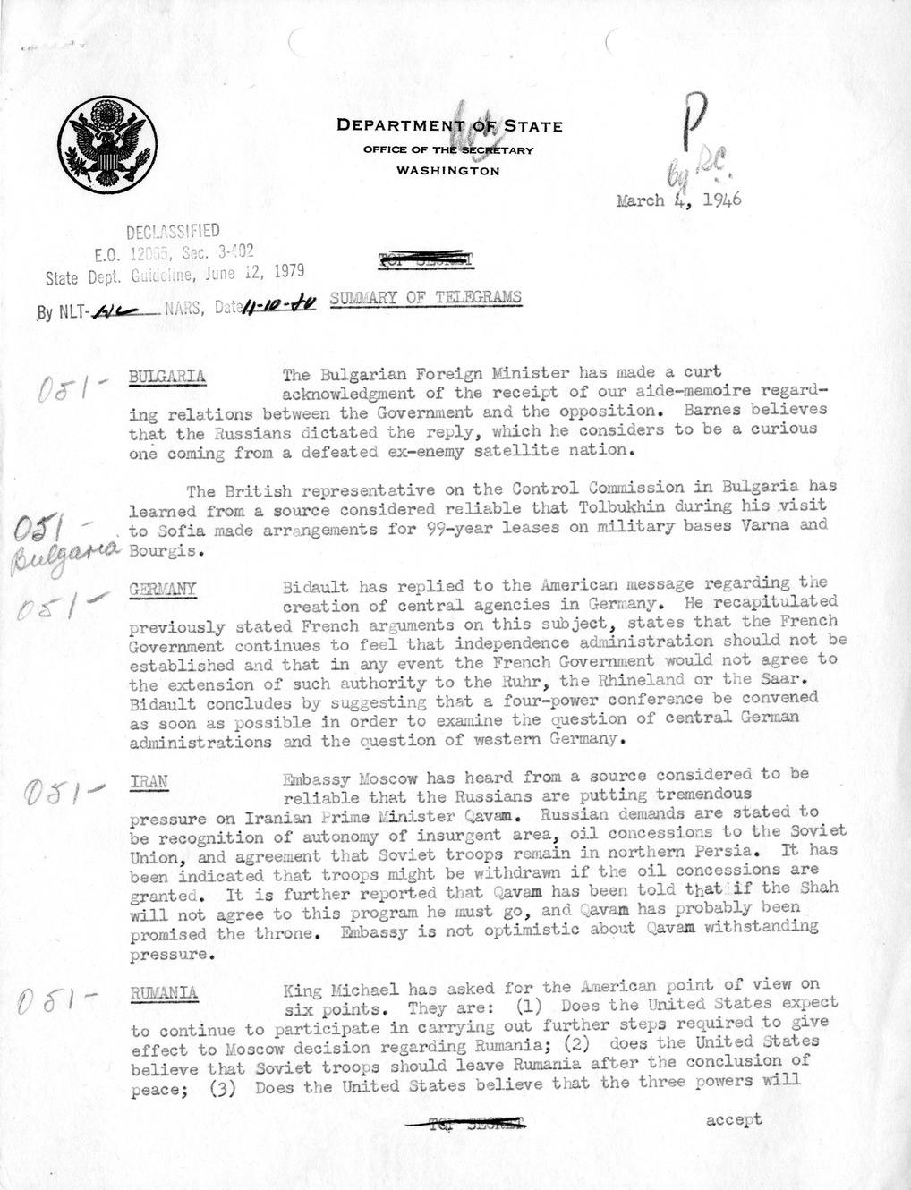 Memorandum, Department of State Summary of Telegrams