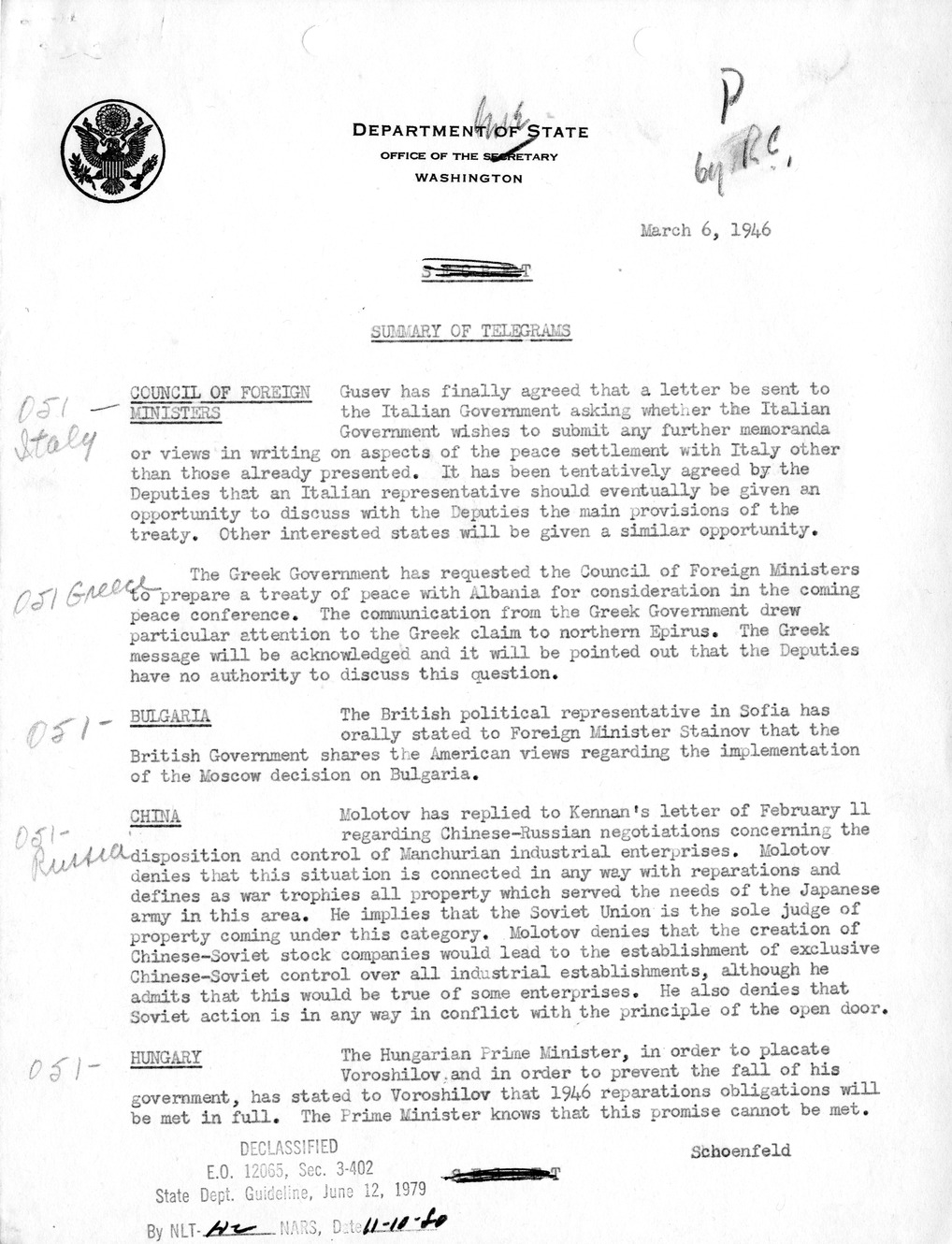 Memorandum, Department of State Summary of Telegrams