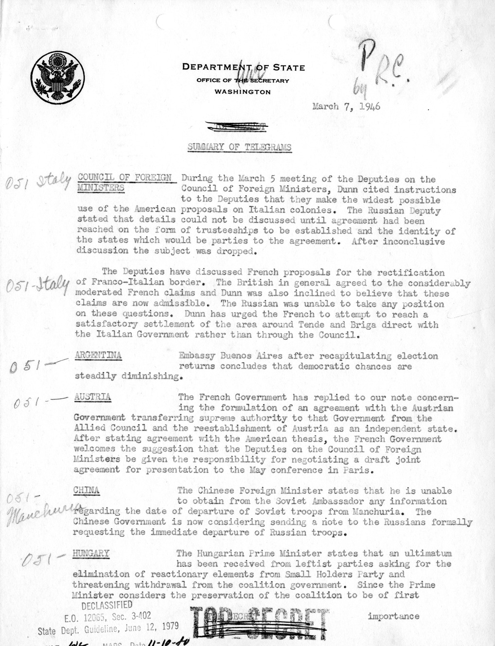 Memorandum, Department of State Summary of Telegrams