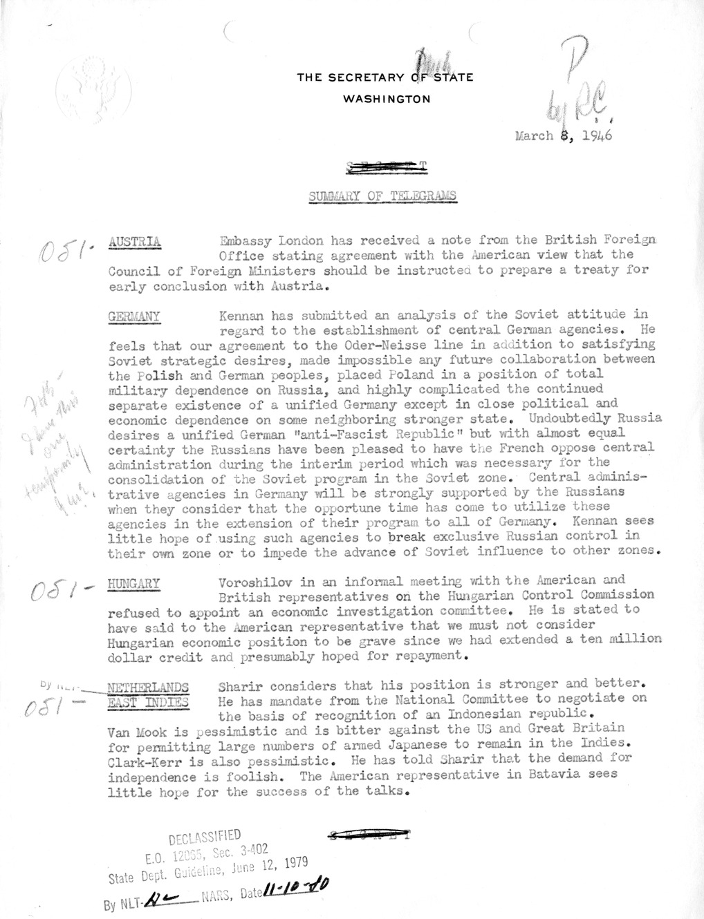 Memorandum, Department of State Summary of Telegrams