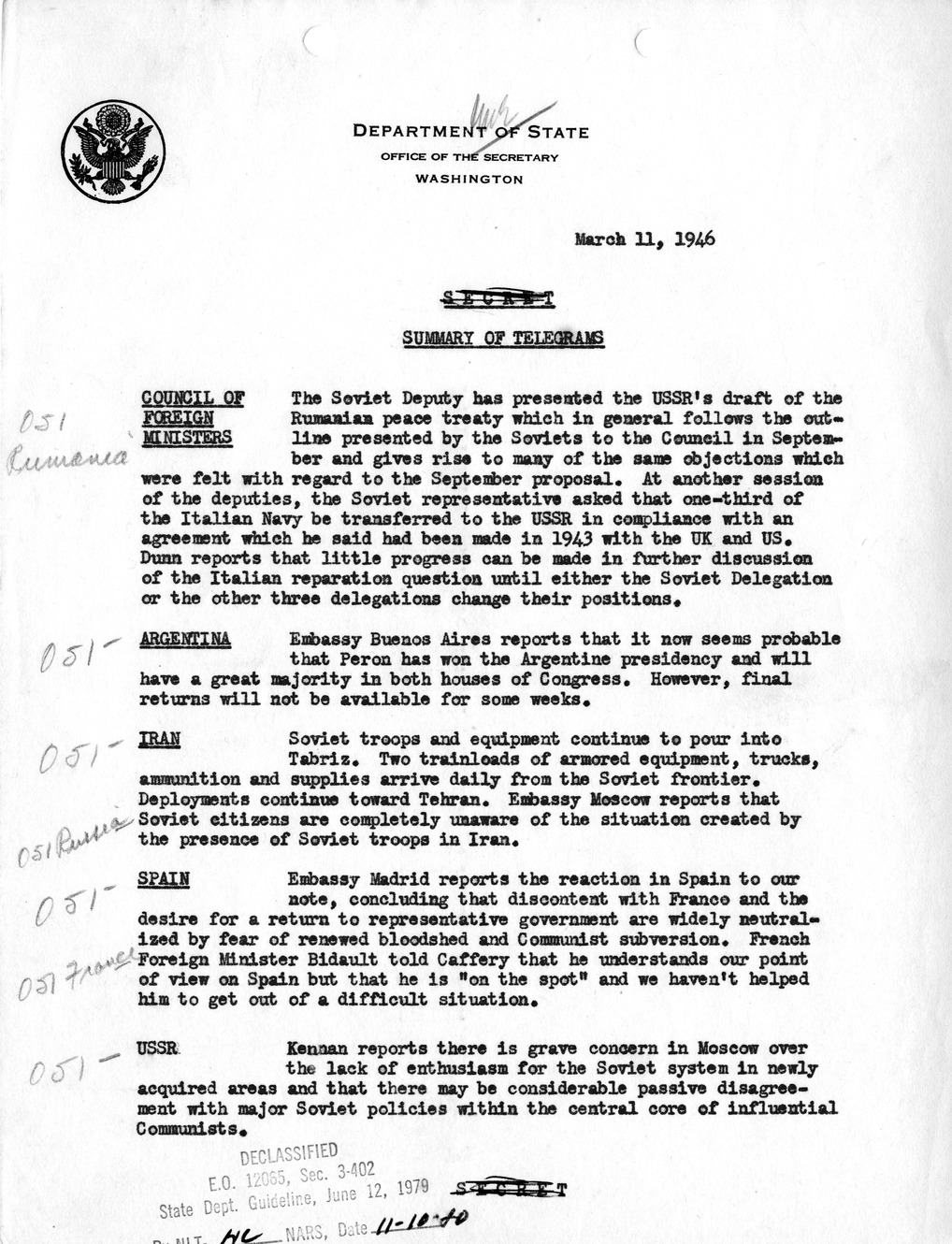 Memorandum, Department of State Summary of Telegrams