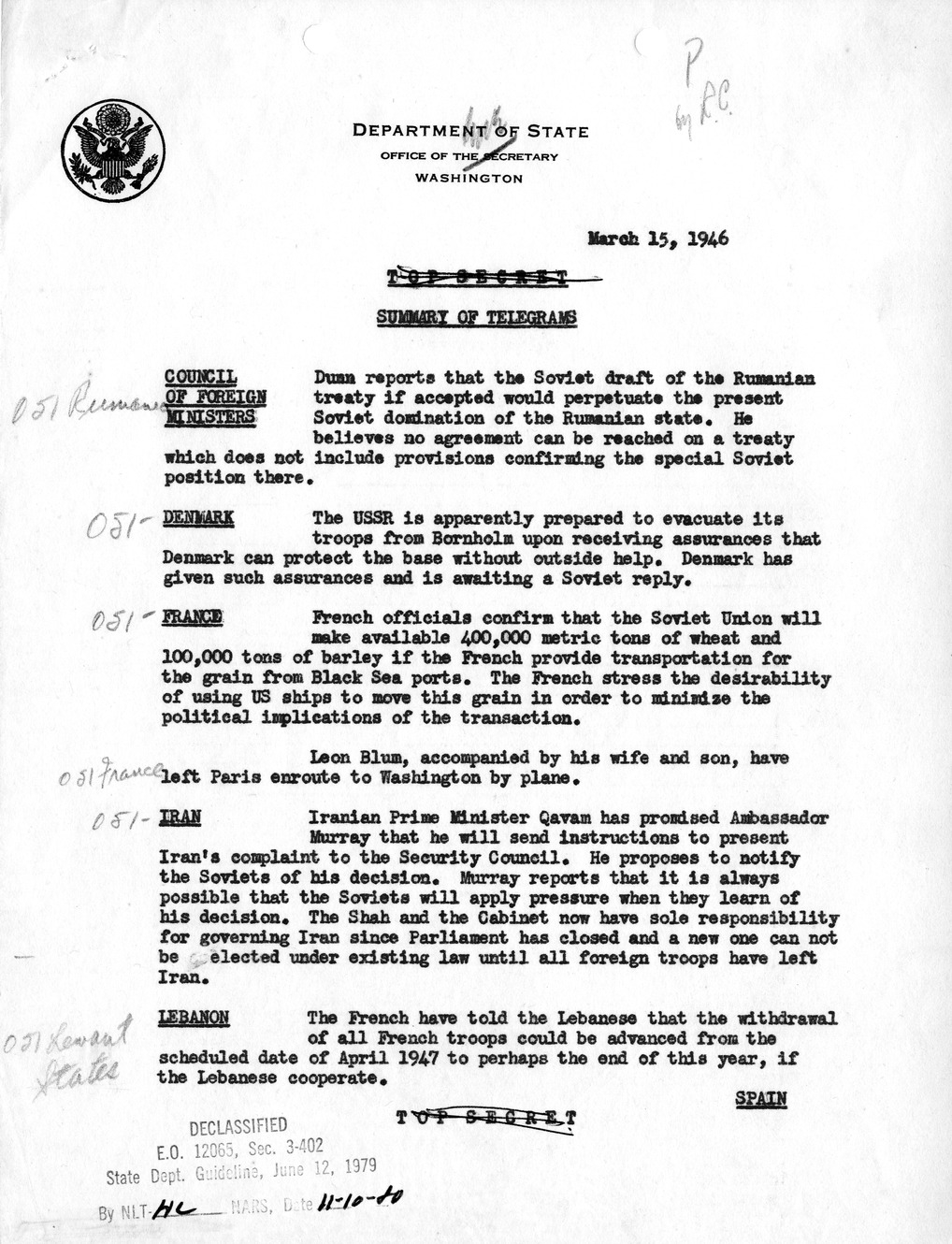 Memorandum, Department of State Summary of Telegrams