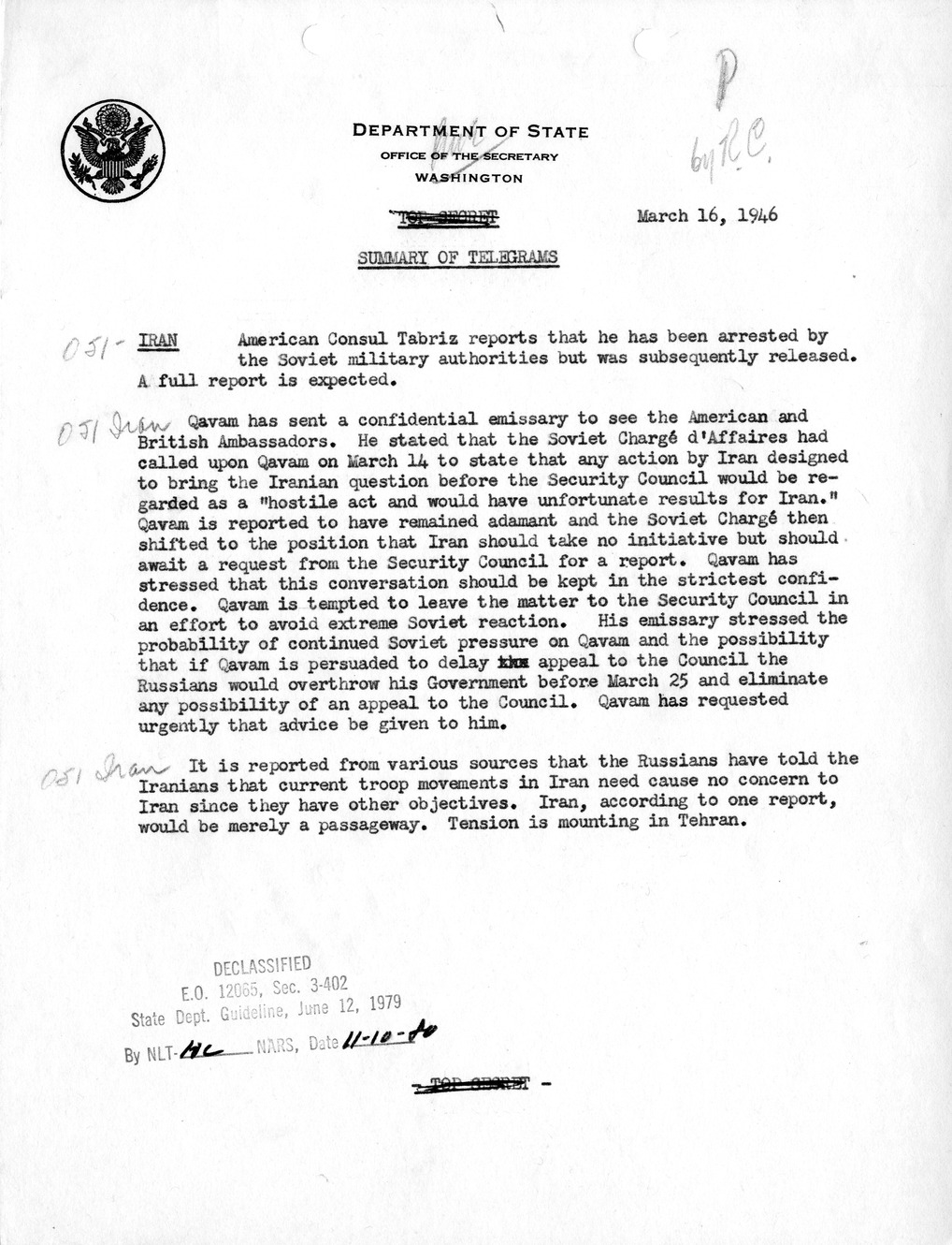 Memorandum, Department of State Summary of Telegrams