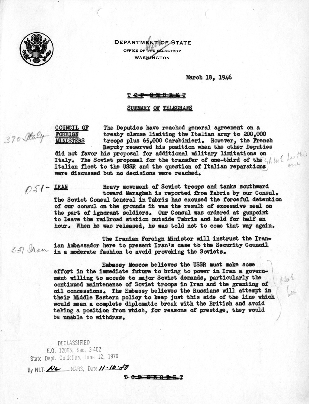 Memorandum, Department of State Summary of Telegrams