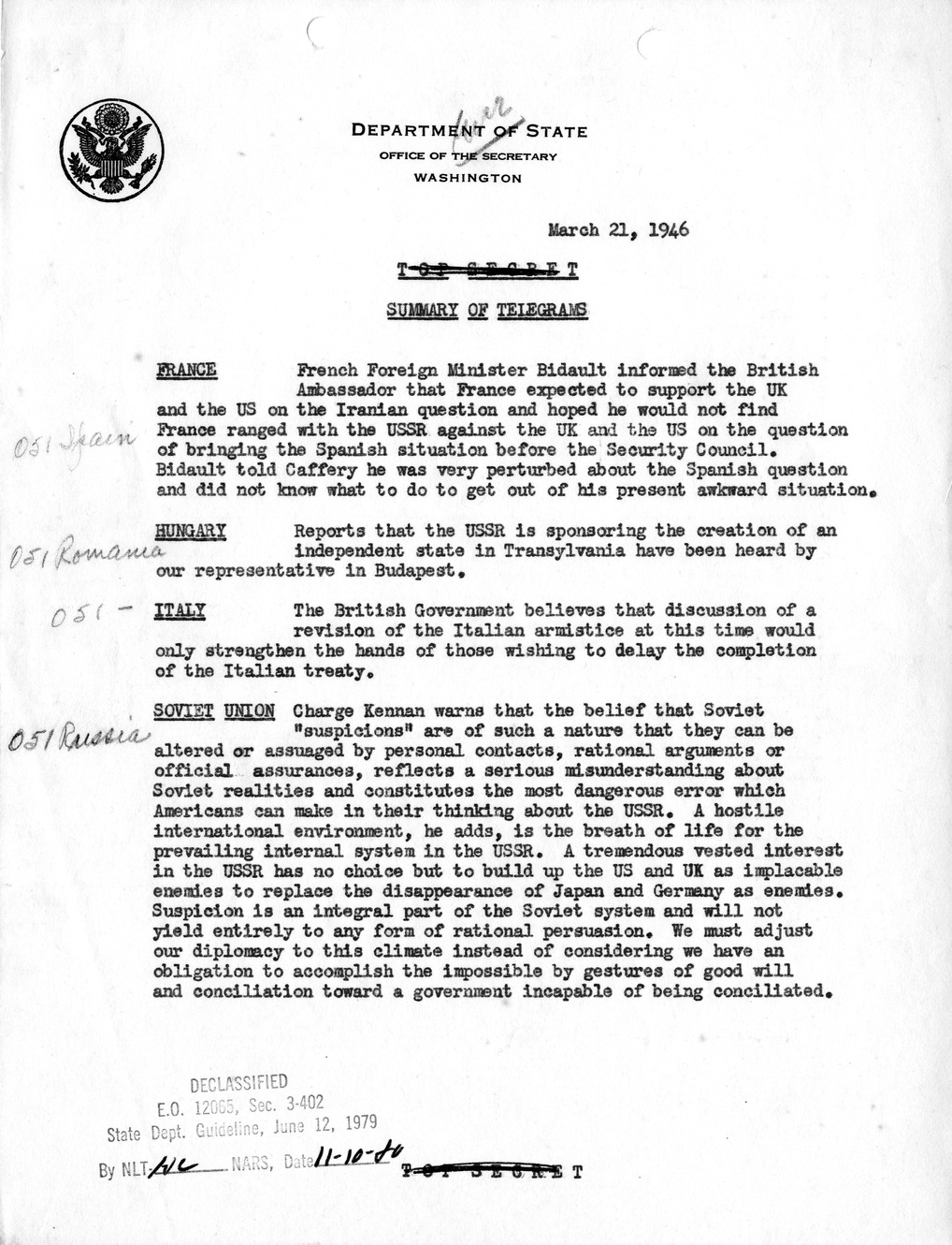 Memorandum, Department of State Summary of Telegrams
