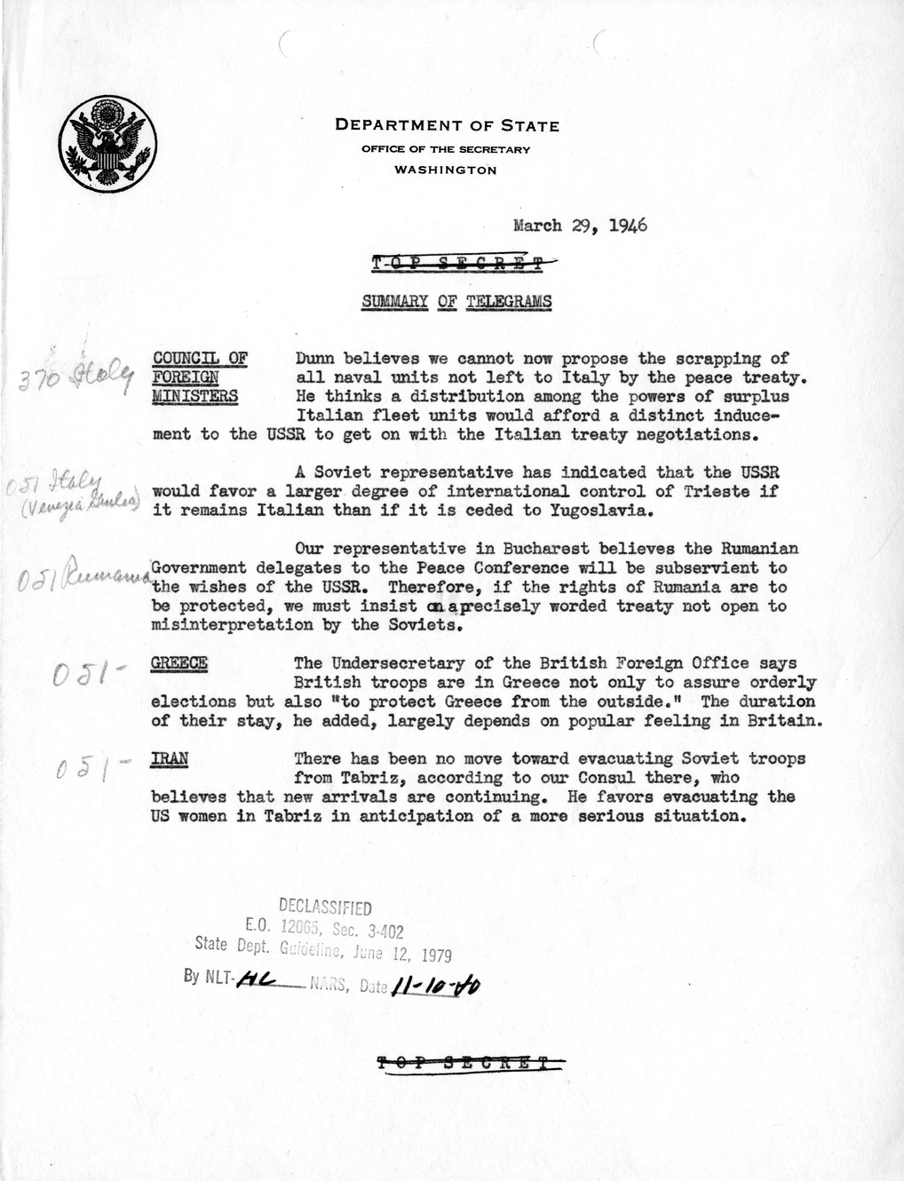 Memorandum, Department of State Summary of Telegrams