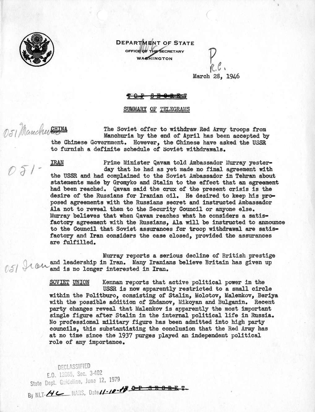 Memorandum, Department of State Summary of Telegrams