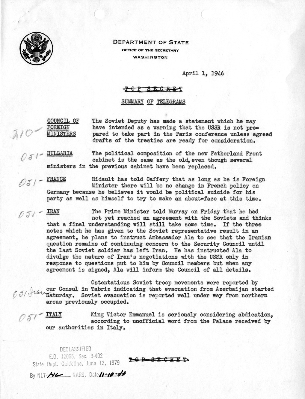 Memorandum, Department of State Summary of Telegrams