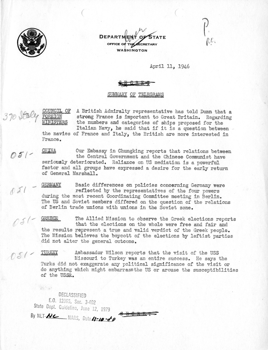 Memorandum, Department of State Summary of Telegrams
