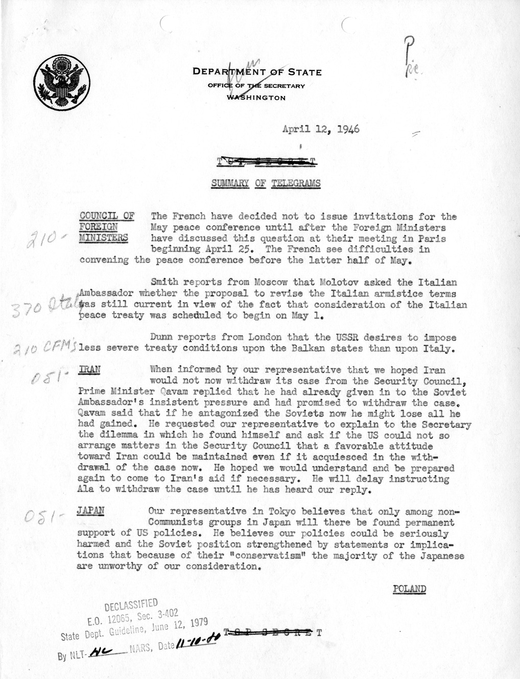 Memorandum, Department of State Summary of Telegrams