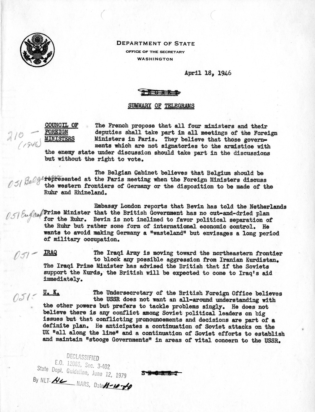 Memorandum, Department of State Summary of Telegrams