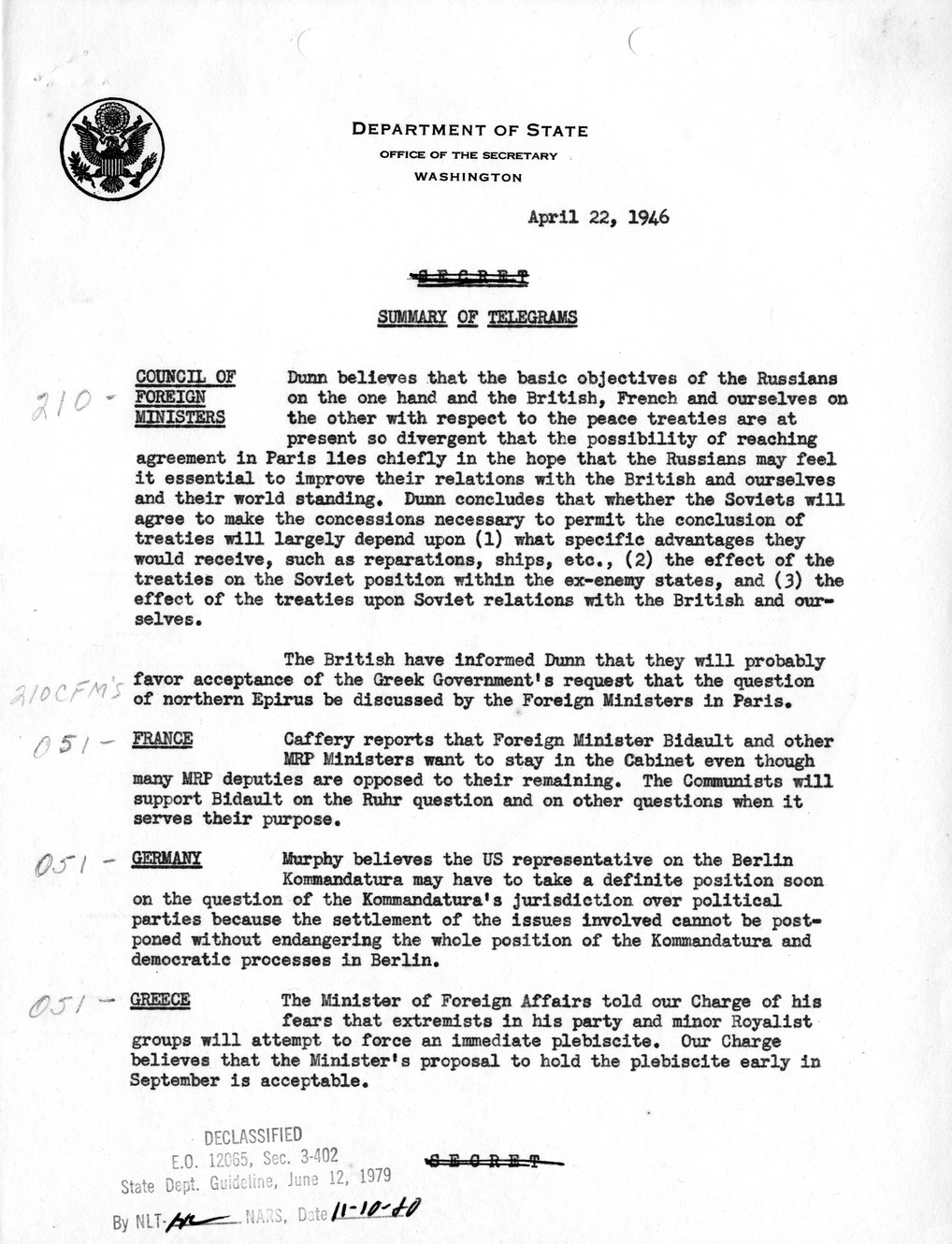Memorandum, Department of State Summary of Telegrams