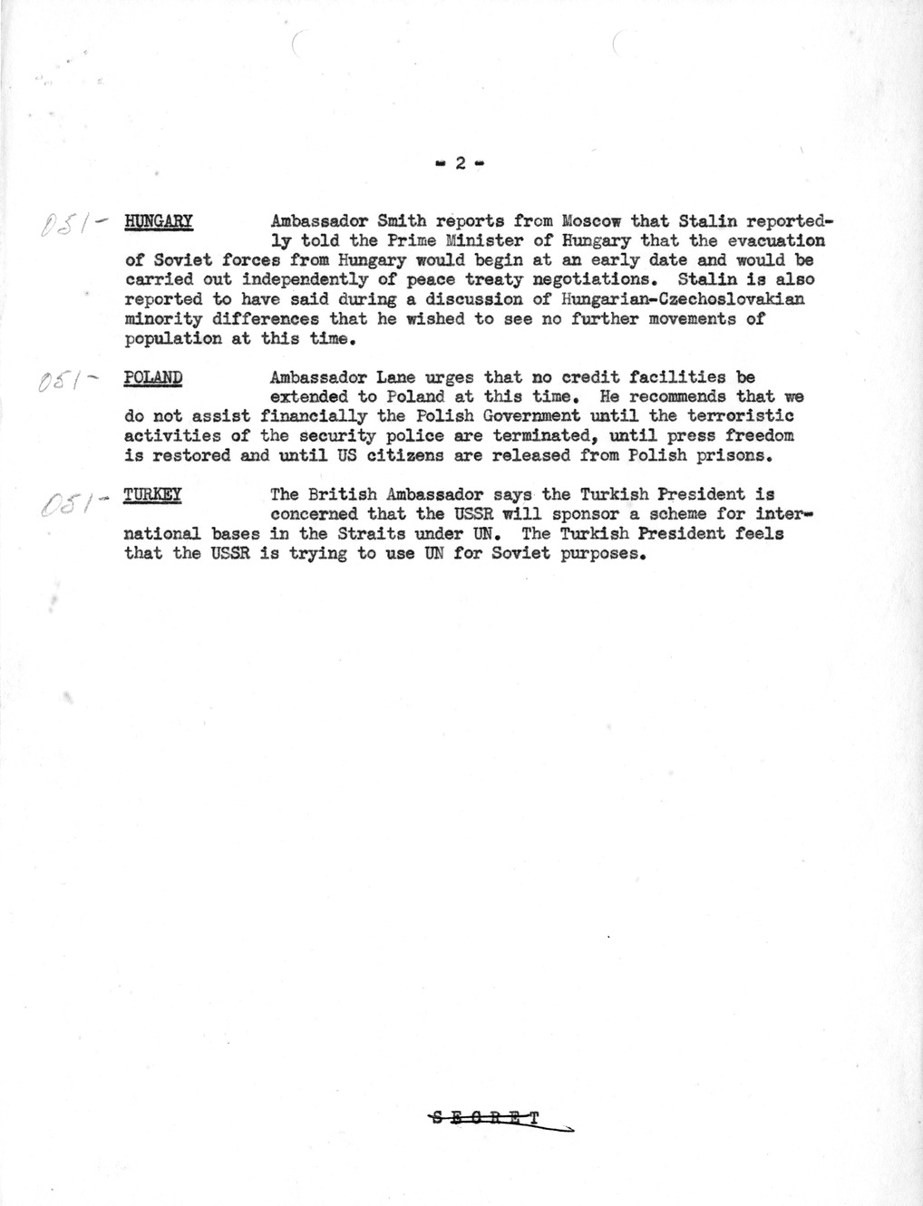 Memorandum, Department of State Summary of Telegrams
