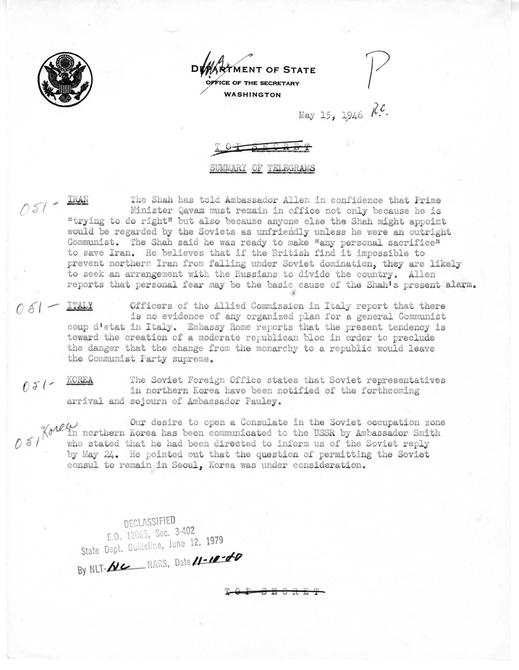 Memorandum, Department of State Summary of Telegrams