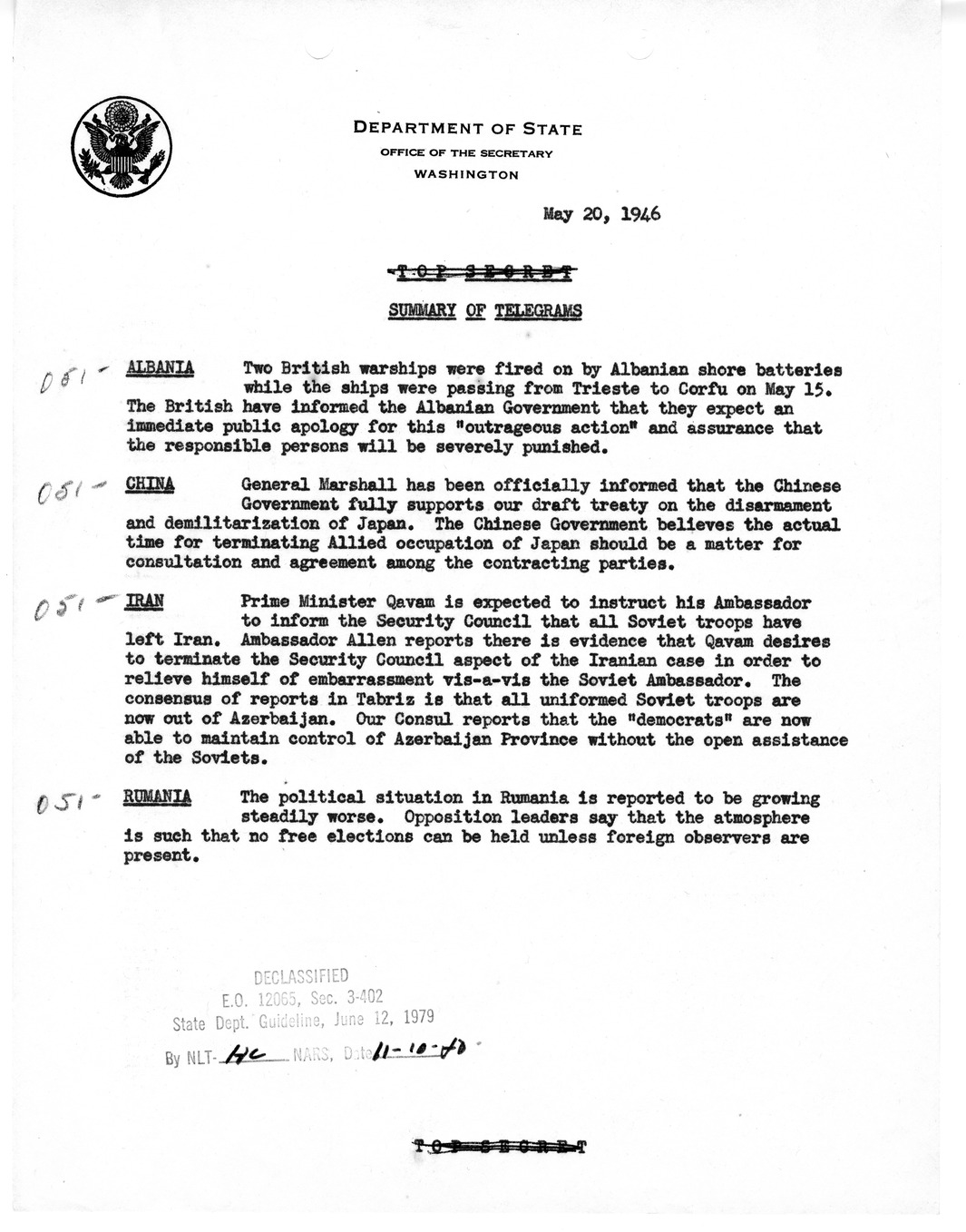 Memorandum, Department of State Summary of Telegrams