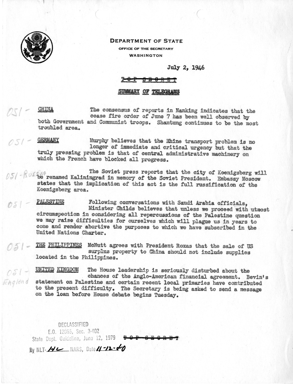 Memorandum, Department of State Summary of Telegrams