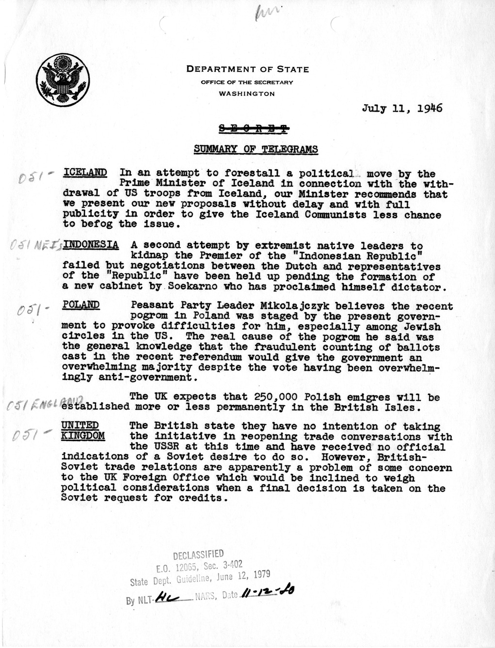 Memorandum, Department of State Summary of Telegrams