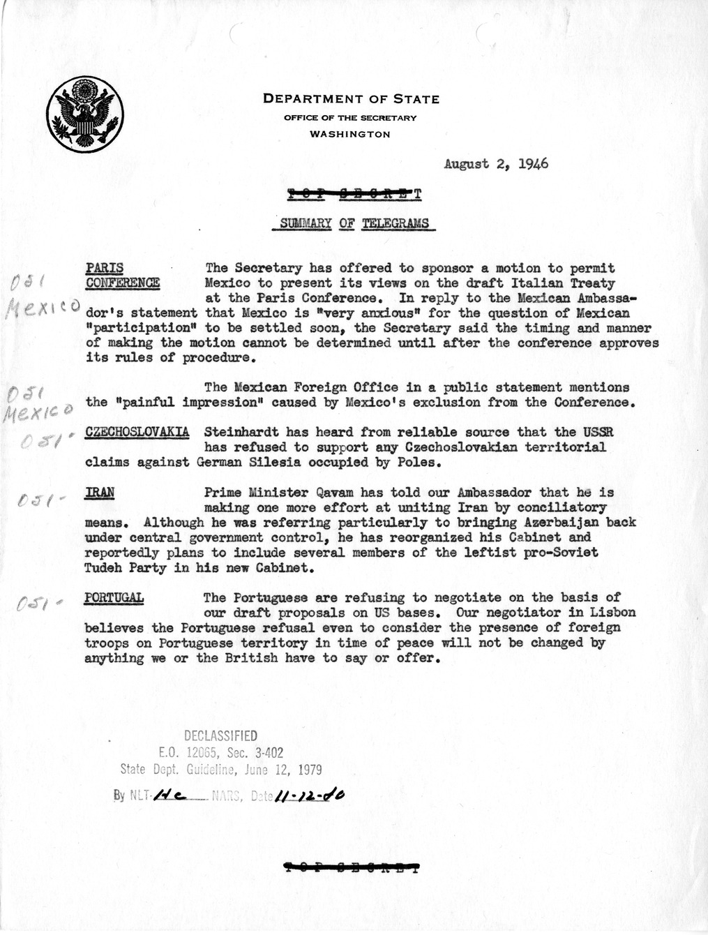 Memorandum, Department of State Summary of Telegrams