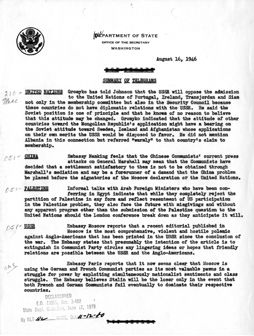 Memorandum, Department of State Summary of Telegrams