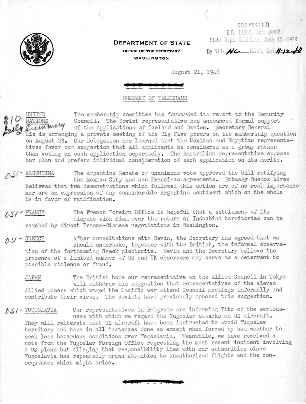Memorandum, Department of State Summary of Telegrams