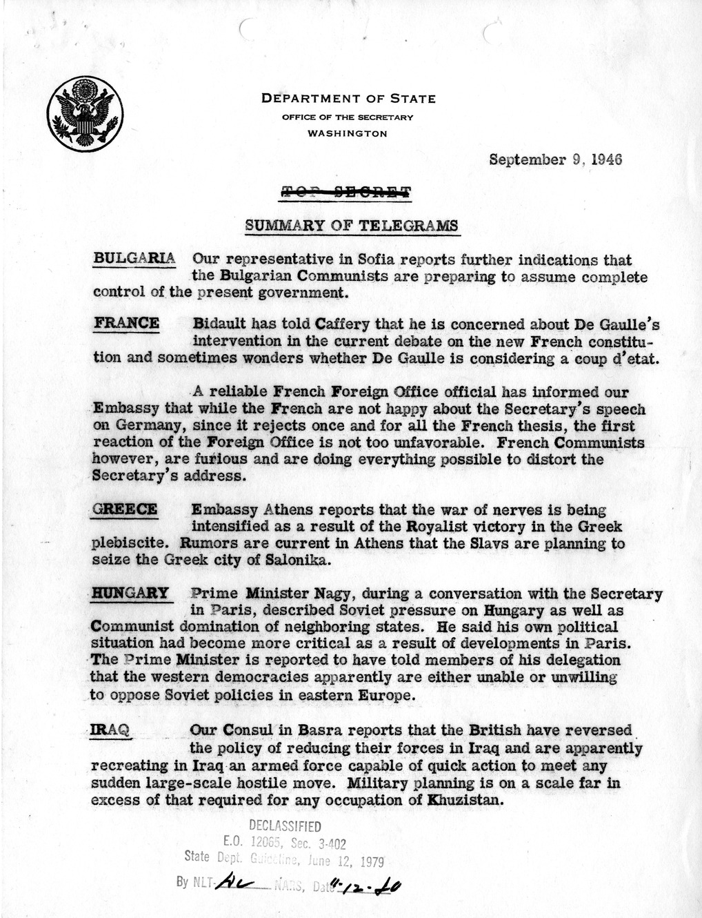 Memorandum, Department of State Summary of Telegrams