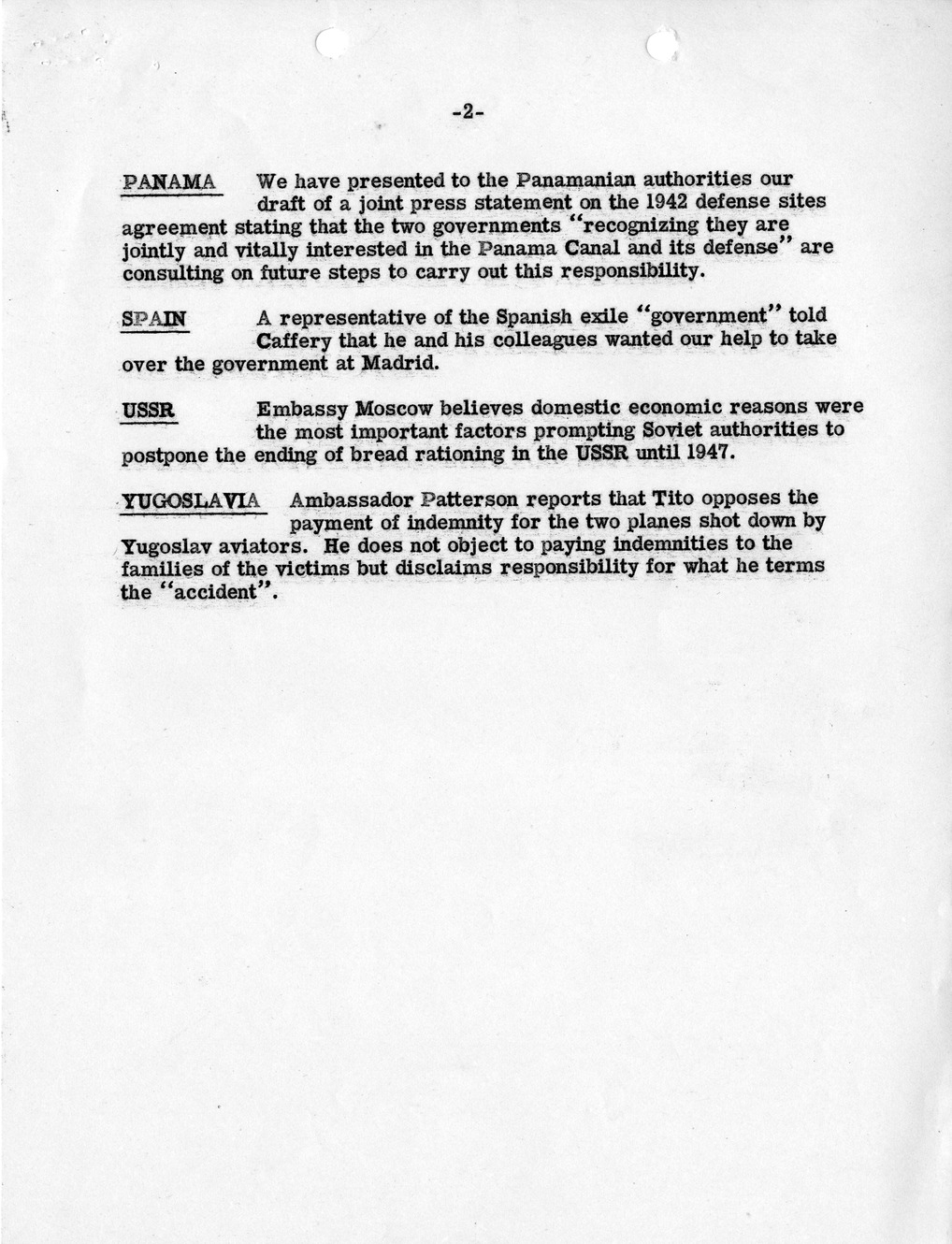 Memorandum, Department of State Summary of Telegrams