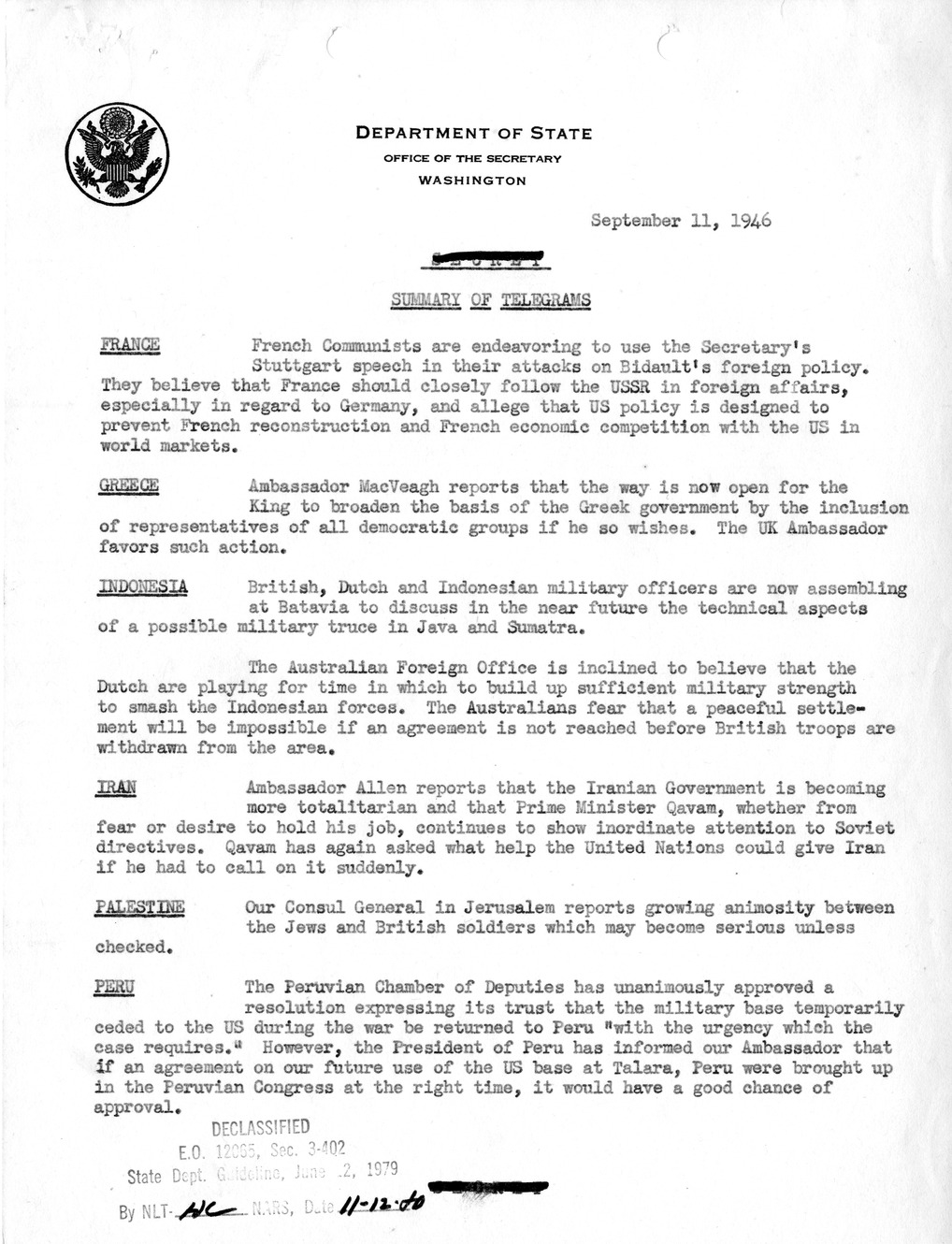 Memorandum, Department of State Summary of Telegrams