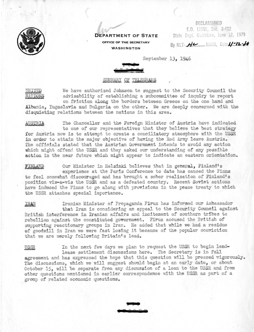 Memorandum, Department of State Summary of Telegrams