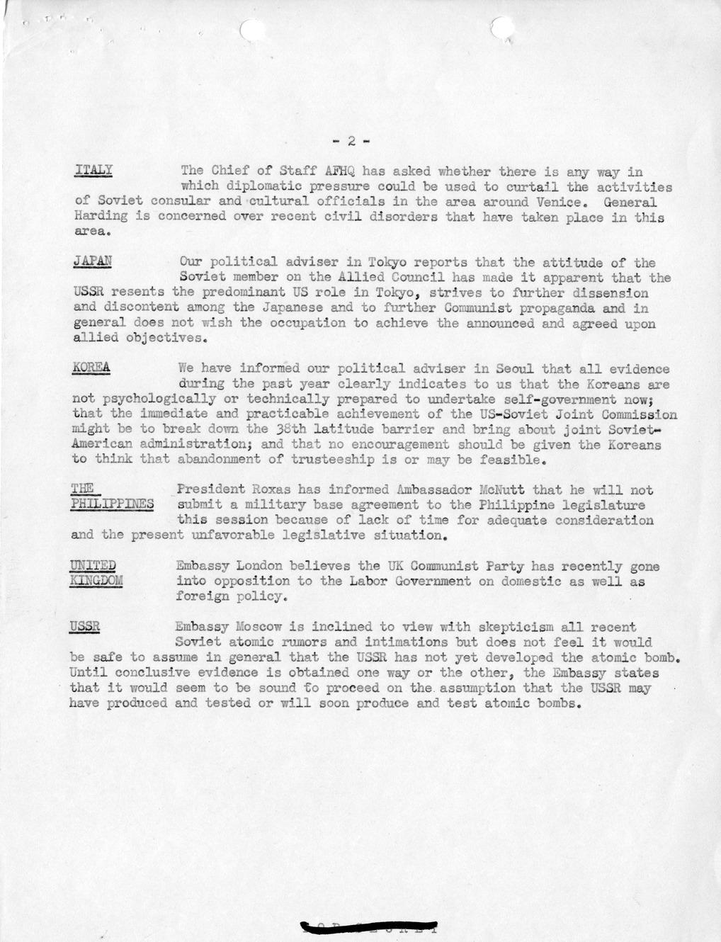 Memorandum, Department of State Summary of Telegrams