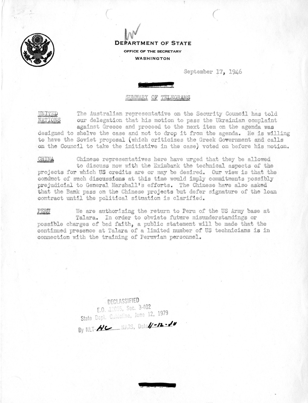 Memorandum, Department of State Summary of Telegrams