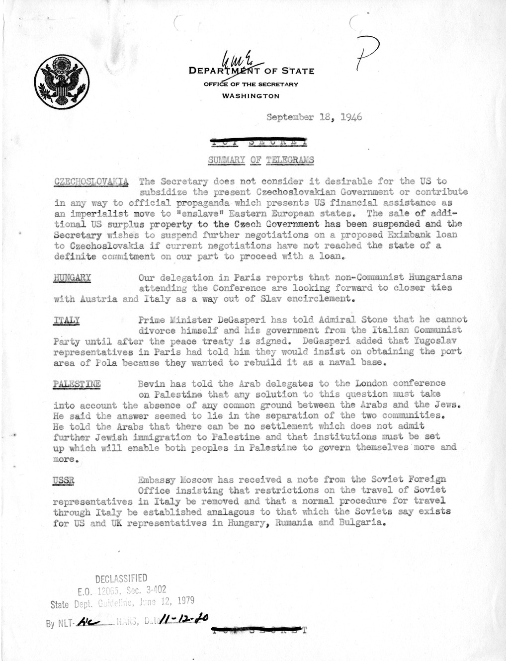 Memorandum, Department of State Summary of Telegrams