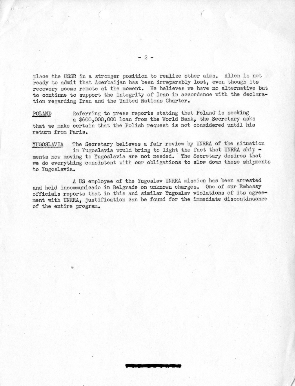 Memorandum, Department of State Summary of Telegrams