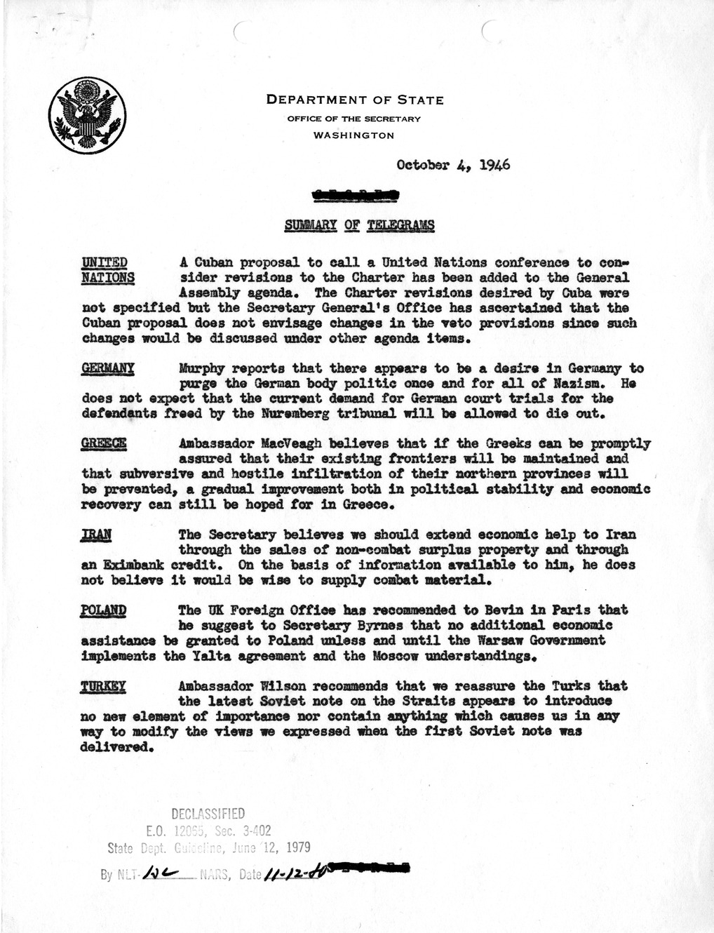 Memorandum, Department of State Summary of Telegrams