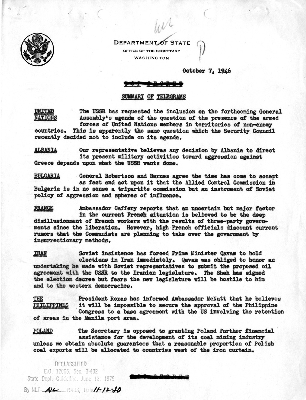 Memorandum, Department of State Summary of Telegrams