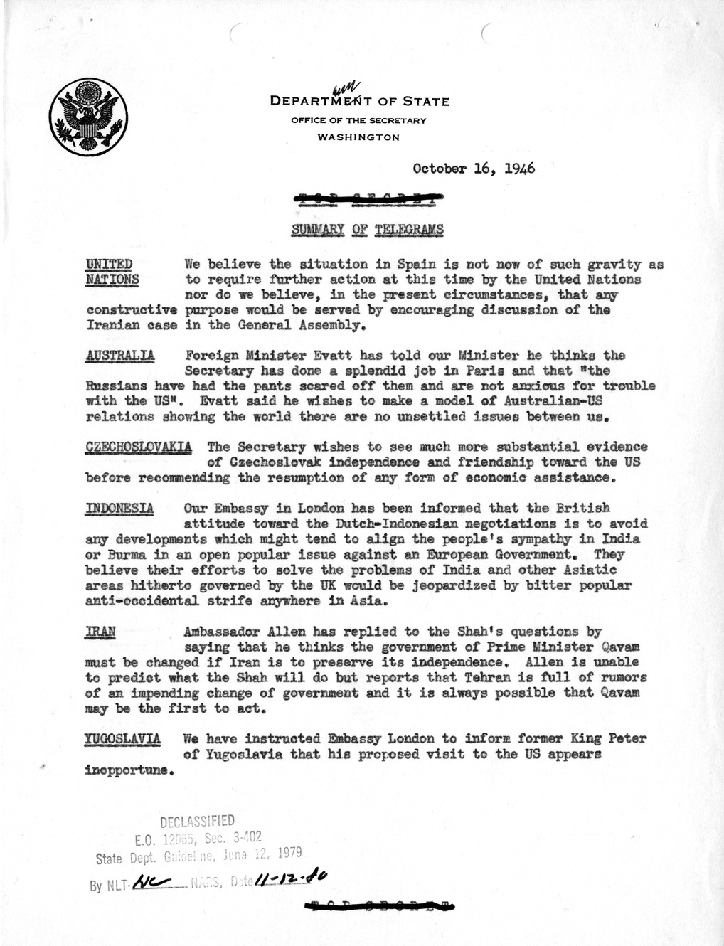 Memorandum, Department of State Summary of Telegrams